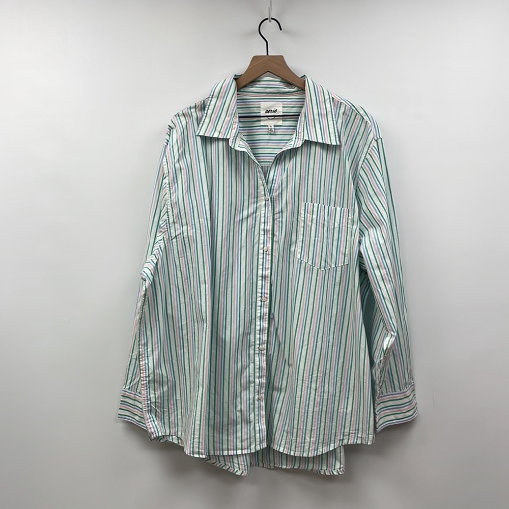 NWOT Aerie Boyfriend Fave Striped Oversized Button-Up Long Sleeve Shirt XXL - Picture 1 of 9